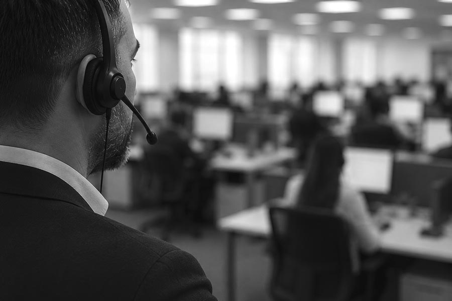 Fieldwork manager wearing a headset and monitoring interviewer in a market research call center.