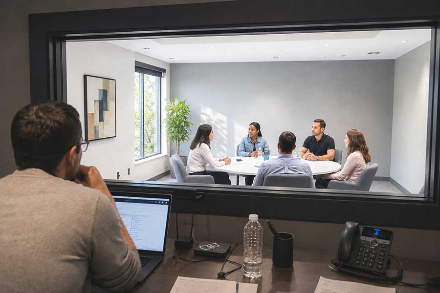 Customer behind a one-way mirror watching a market research focus group