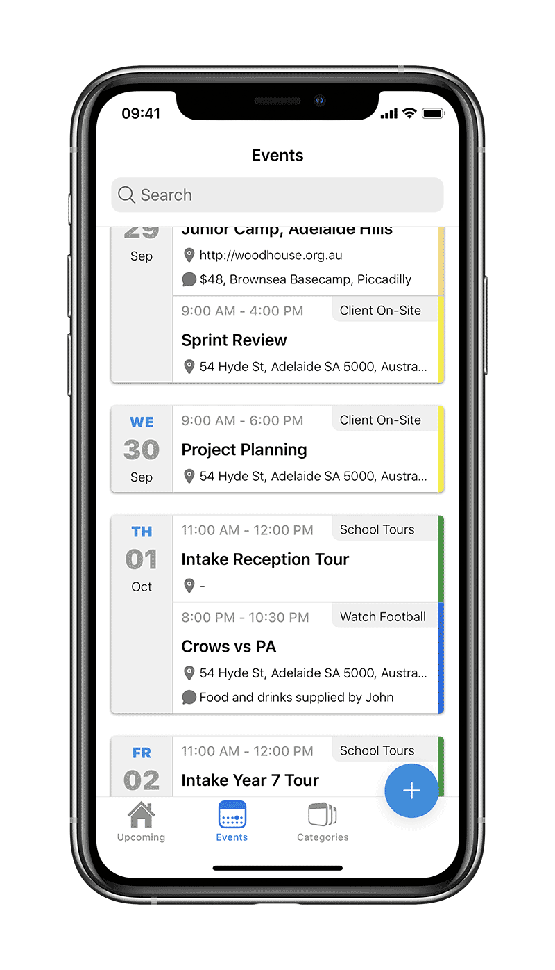 A mobile phone showing events in the Toldu app.